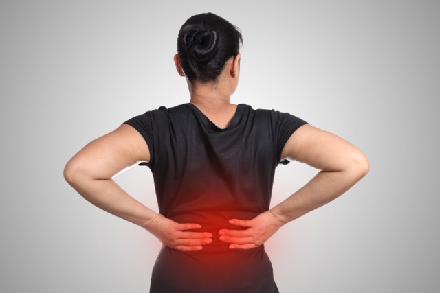 人類脊柱的插圖，以紅色突顯腰部區域，指示腰背疼痛的發生位置。